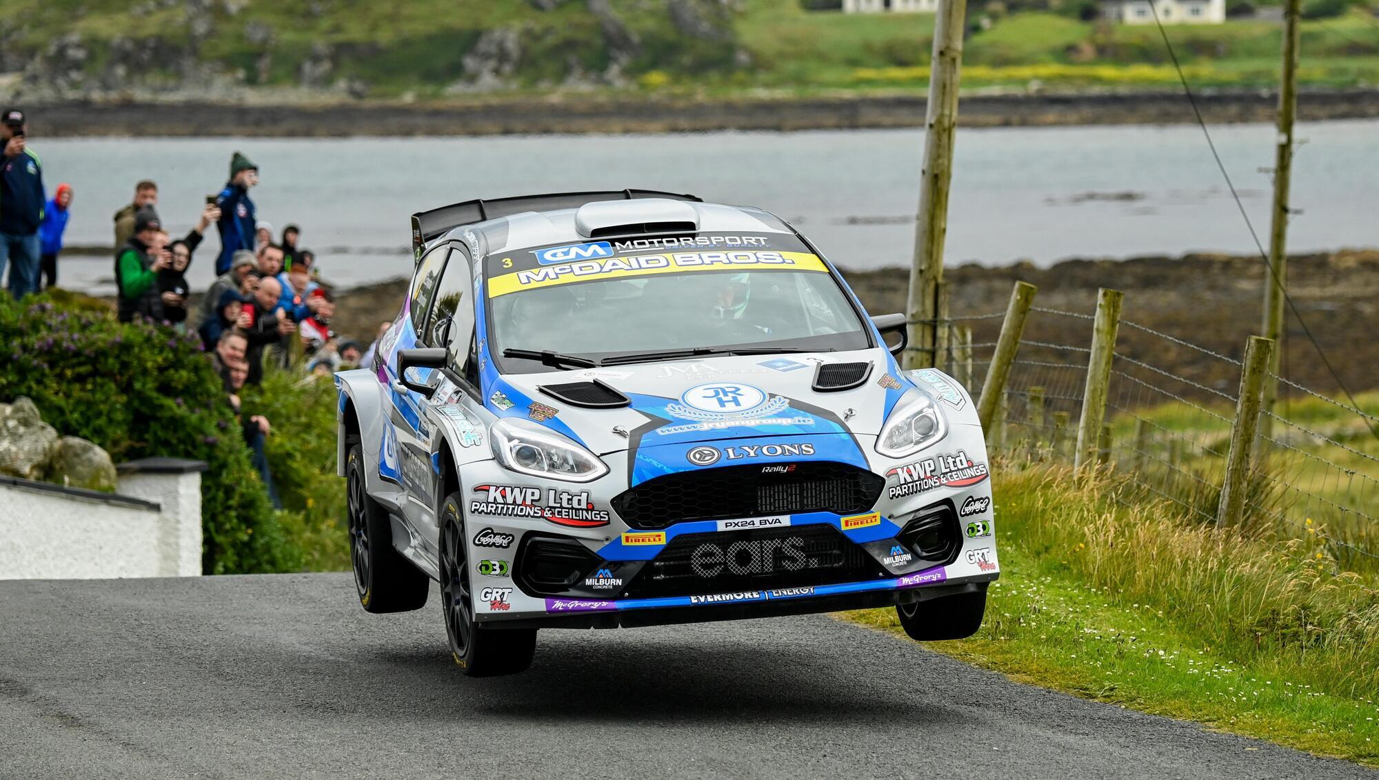 CM Motorsport Fiesta Rally2 at full flight on the coastal stages